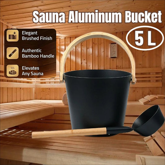7L Black Sauna Aluminum Bucket Long Handle Spoon Set Matching Ladle Sauna Barrel Perfect Props for Bathrooms Steam Baths