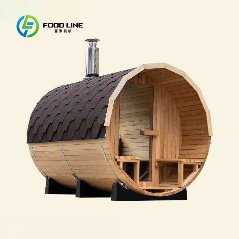 8 Person Outdoor Sauna Room Barrel Hemlock Wood Steam Sauna with Changing Room and Shower for Glamping