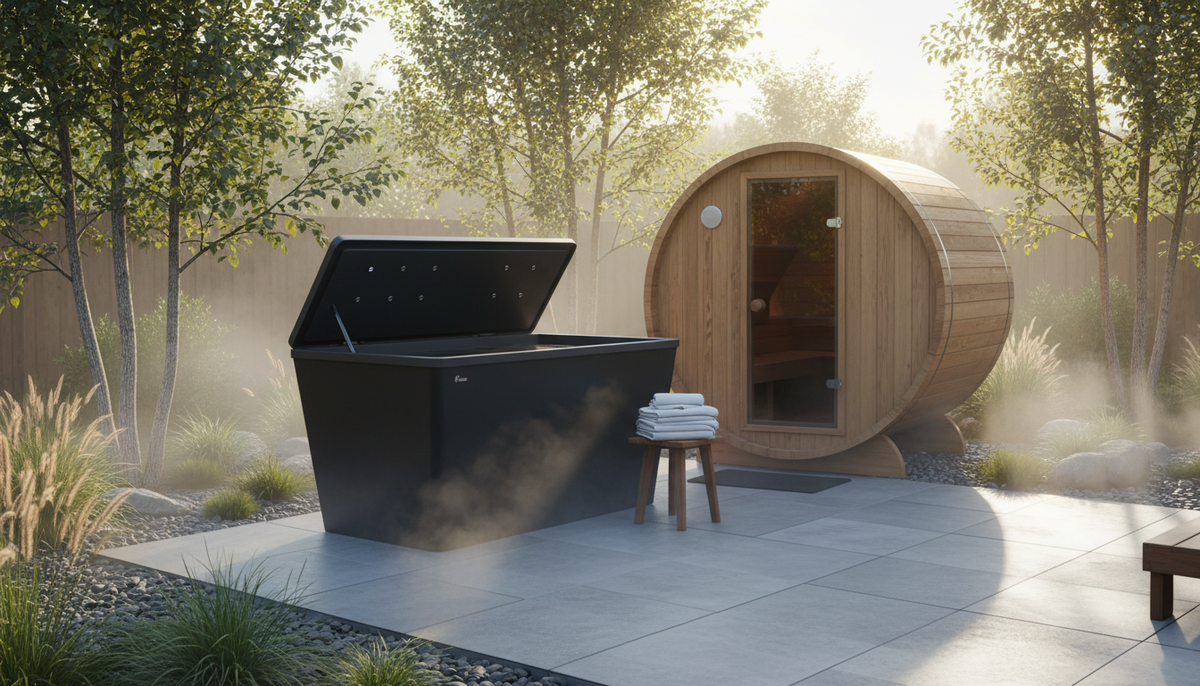 Cold plunge tub beside a cedar barrel sauna at golden hour