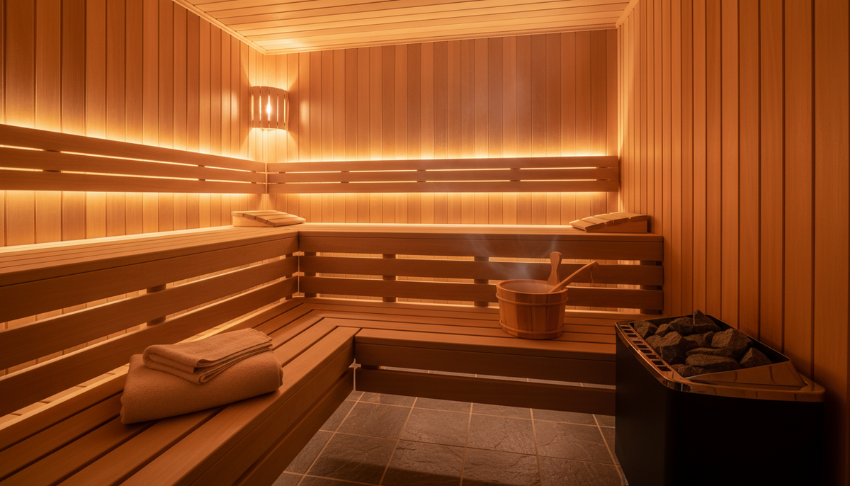 Warm cedar home sauna interior with soft amber light