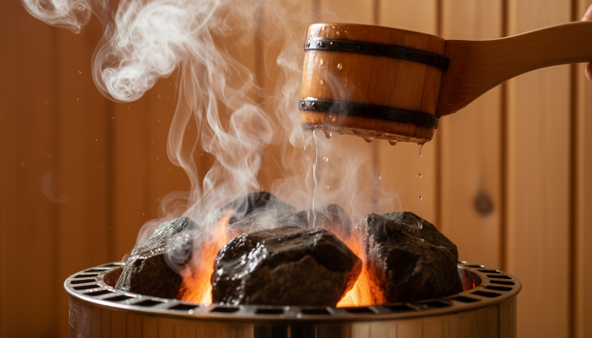 Water ladled over hot sauna stones with rising steam